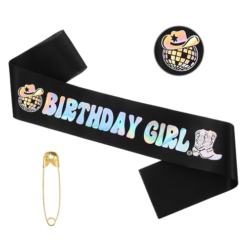 Josojoou “birthday girl” Geburtstag schärpe Schwarz mit schillernder Folie Cowgirl Satin Geburtstagsschärpe Happy Birthday Party Retro Accessoires für Mädchen Geschenke Geburtstag Zubehör von Josojoou