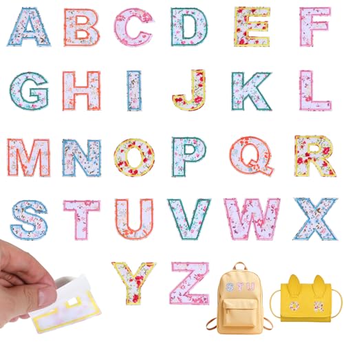 Selbstklebende Buchstaben-Aufnäher, niedliche selbstklebende Blumen-Aufnäher, bestickte A-Z, Alphabet-Initialen-Applikation, Stoffaufkleber, geeignet für Jacken, Hüte, Taschen, DIY, Basteln, 26 Stück von Josojoou