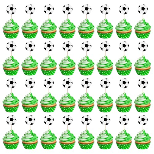 Jostift 50 Stück Fussball Cupcake Topper, Fußball Kuchen Toppers Fußball Cake Topper, Fussball Muffin Deko Fussball Party Tortenaufleger Geburtstagsfeie Babyparty Fußball-Mottoparty von Jostift