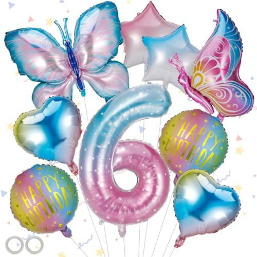 Jostift 6 Jahre Schmetterling Geburtstag Deko Set,Bunt Geburtstagsdeko 6 Jahre Mädchen,Zahl 6 Luftballon Schmetterling Folienballon Sternballon Herzballon für Mädchen Geburtstags Party Supplies von Jostift