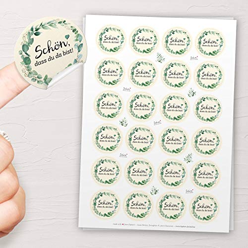 48x Schön, dass du da bist Aufkleber GREENERY/EUCALYPTUS - Sticker zur Gestaltung von Hochzeit & Familienfeier: Ideal zur Tischdeko und Dekoration von Gastgeschenken (4cm rund, mattes Papier) von Kipitan