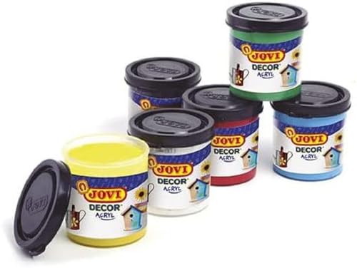 Jovi Acrylfarbe Jovidecor, hochdeckend, für alle Untergründe, auf Wasserbasis, 6 Dosen mit je 55 ml Inhalt in verschiedenen Farben, inkl. 1 Pinsel von Jovi
