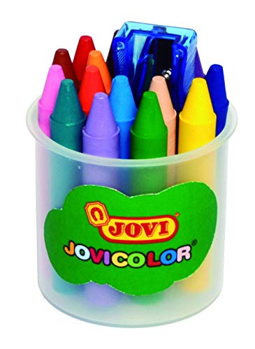 Jovi Wachsmalstifte Jovicolor, geruchlos, bruchsicher, leicht auswaschbar, für alle Altersgruppen, Becher mit 16 Farben und 1 Spitzer von Jovi