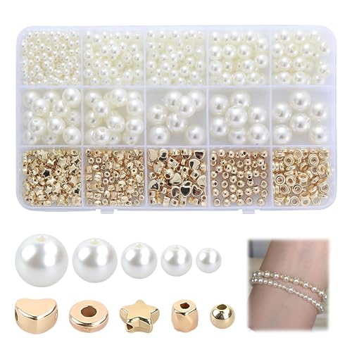 Jowsug 720 Stück Perlen zum Auffädeln Kit, Perlen für Armbänder, DIY Kreativset mit weiße Perle und Goldener Perlen, Inklusive Diverser Größen und Formen, Perfekt für Individuelle Schmuckkreationen von Jowsug