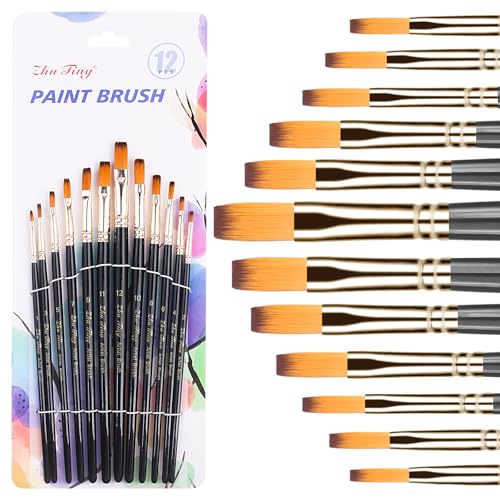 Acryl Pinsel Set 12 Stück für Acrylfarben, Nylon Künstlerpinsel Aquarellpinsel Borstenpinsel Set, Ölfarben Brush Set Malpinsel Synthetik Pinsel für Anfänger Künstler Erwachsene Kinder (Schwarz) von Joy & Inspiration