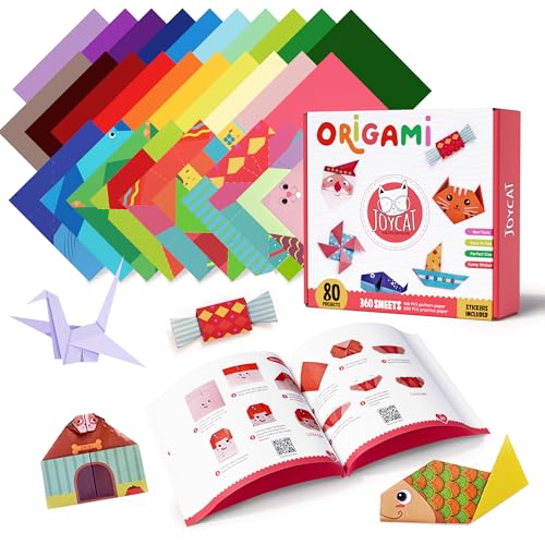 JoyCat 360 Blatt Buntes Origami-Papier für Kinder, 15x15cm 160 doppelseitiges Bastelpapier Origami Papier 20 Farben, 200 Übungspapiere 6 Aufkleber mit Anleitungs-Buch, für DIY Kunst und Bastelprojekte von JoyCat