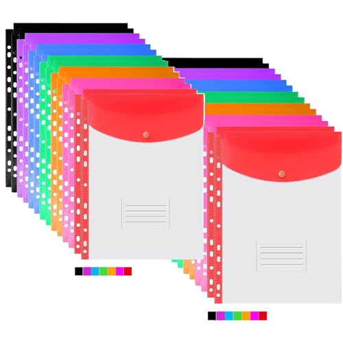 Kunststoffhüllen A4, gelocht,11 Löcher, erweiterbare Ordner, Ordner für 2/3/4-Ring-Dokumententasche mit Druckknopf und Etikett, lose Blätter, transparent, Büro, Schule, Zuhause (28pcs-Top Open) von JoyMaxJoy