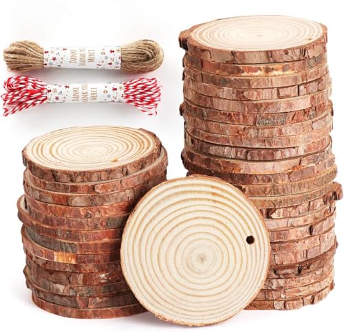 Unbehandeltes Baumscheiben 50 Stücke Holzscheiben Holz Log Scheiben und Nnatürliche Jute Seil für DIY Handwerk Holz-Scheiben Hochzeit Mittelstücke Weihnachten Dekoration Baumscheibe (9-10cm/50pcs) von JoyMaxJoy
