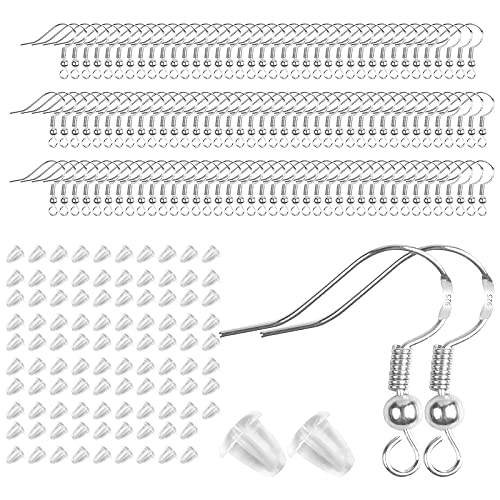 Ohrringhaken, 120 Stück, versilbert, Schmuck, hypoallergen, Ohrhaken mit 120 Stück, transparent, Verschlüsse auf der Rückseite aus Silikon, Herstellungsset für Zubehör von Joyan