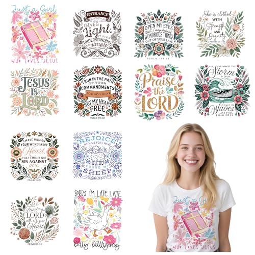 Christian DTF Transfers Ready to Press – 12 Blatt ästhetischer Bibelvers Bügelbilder für T-Shirts, inspirierende, religiöse Wärmeübertragung, Bügelbilder für Kleidung, Taschen, Kissenbezüge, DIY von Joybileefun