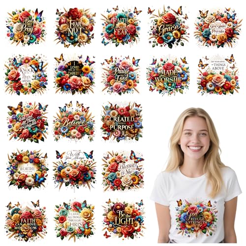 Christian DTF Transfers Ready to Press – 20 Blatt Blumen-Bibelvers Bügelbilder für T-Shirts, motivierende, religiöse Glaubenszitate, Wärmeübertragung, Bügelbilder für Kleidung, Taschen, Kissenbezüge von Joybileefun