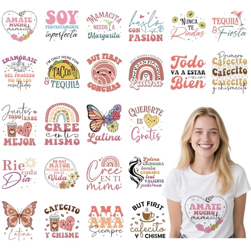 DTF Transfers Ready to Press Latina – 24 Blatt motivierende spanische Zitate zum Aufbügeln für T-Shirts, Boho, inspirierende spanische Wärmeübertragung, Bügelbilder für Kleidung, Taschen, Kissenbezüge von Joybileefun