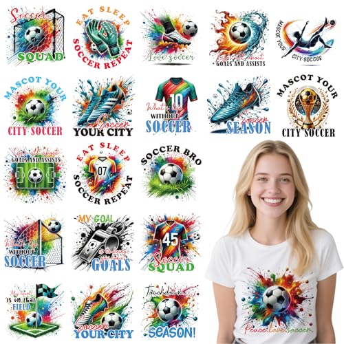 Fußball-DTF-Transfers zum Drücken, 20 Blatt Aquarell-Bügelbilder für T-Shirts, Sportspiele, Wärmeübertragung, Bügelbilder für Kleidung, Taschen, Kissenbezüge, DIY Fußball-DTF-Transfers zum Drücken, 20 Blatt Aquarell-Bügelbilder für T-Shirts, Sportspiele, Wärmeübertragung, Bügelbilder für Kleidung, Taschen, Kissenbezüge, DIY von Joybileefun