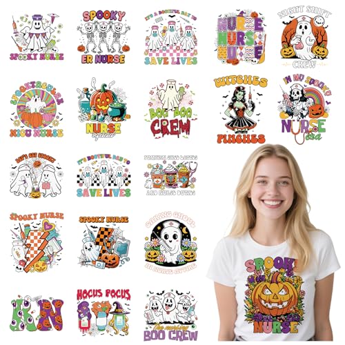 Halloween DTF Transfers Ready to Press – 20 Blatt Ghost Nursing Themed Iron On Transfers für T-Shirts, Halloween, Krankenschwester, Geist, Kürbis, Wärmeübertragung, Bügelbilder für Kleidung, Tasche Halloween DTF Transfers Ready to Press – 20 Blatt Ghost Nursing Themed Iron On Transfers für T-Shirts, Halloween, Krankenschwester, Geist, Kürbis, Wärmeübertragung, Bügelbilder für Kleidung, Tasche von Joybileefun