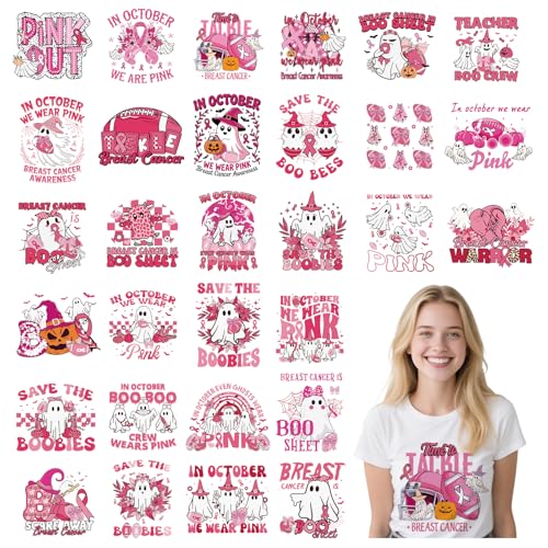 Halloween DTF Transfers Ready to Press – 30 Blatt Brustkrebs-Bewusstseins-Bügelbilder für T-Shirts, rosa Schleife, Kürbis, Geist, Wärmeübertragung, Bügelbilder für Kleidung, Tasche, Kissenbezüge, DIY Halloween DTF Transfers Ready to Press – 30 Blatt Brustkrebs-Bewusstseins-Bügelbilder für T-Shirts, rosa Schleife, Kürbis, Geist, Wärmeübertragung, Bügelbilder für Kleidung, Tasche, Kissenbezüge, DIY von Joybileefun