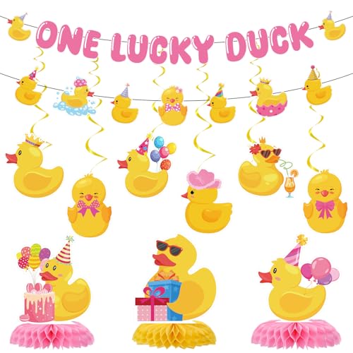 Joybileefun 17 Stück Gummiente Geburtstagsparty-Dekorationen mit Banner, hängende Wirbel, Tafelaufsätze für Tische, Entenmotive, Geburtstagsdekoration für Babyparty, Party Joybileefun 17 Stück Gummiente Geburtstagsparty-Dekorationen mit Banner, hängende Wirbel, Tafelaufsätze für Tische, Entenmotive, Geburtstagsdekoration für Babyparty, Party von Joybileefun