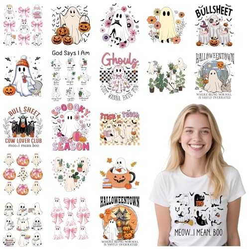 Joybileefun DTF Transfers, bereit zum Drücken, 20 Blatt, niedlicher Geist, Kürbis, Bügelbilder für T-Shirts, rosa Schleife, Halloween, Kuh, Wärmetransfer, zum Aufbügeln für Kleidung, Taschen von Joybileefun