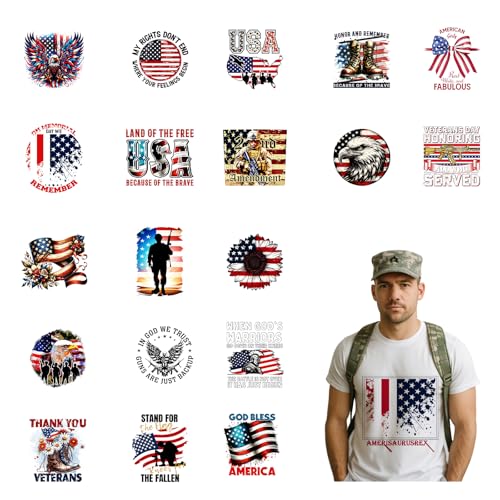 Patriotische DTF Transfers, bereit zum Drücken, Joybileefun 20 Blatt, Veteranentag, Bügelbilder für T-Shirts, Veteranentag, Wärmeübertragung, personalisierte Aufnäher zum Aufbügeln für Kleidung Patriotische DTF Transfers, bereit zum Drücken, Joybileefun 20 Blatt, Veteranentag, Bügelbilder für T-Shirts, Veteranentag, Wärmeübertragung, personalisierte Aufnäher zum Aufbügeln für Kleidung von Joybileefun