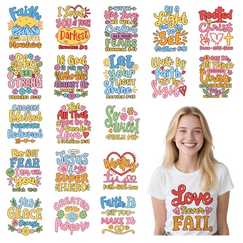 Religiöse DTF Transfers, bereit zum Drücken, 20 Blatt, christlicher Bibelvers zum Aufbügeln für T-Shirts, motivierender Glaube, Wärmeübertragung, Bügelbilder für Kleidung, Taschen, Kissenbezüge, DIY Religiöse DTF Transfers, bereit zum Drücken, 20 Blatt, christlicher Bibelvers zum Aufbügeln für T-Shirts, motivierender Glaube, Wärmeübertragung, Bügelbilder für Kleidung, Taschen, Kissenbezüge, DIY von Joybileefun