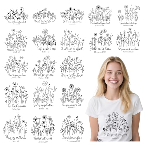 Religiöse DTF Transfers, bereit zum Drücken, 20 Blatt Wildblumen-Bibelvers zum Aufbügeln für T-Shirts, inspirierende florale christliche Wärmeübertragung, Bügelbilder für Kleidung, Tasche, Kissenbezug Religiöse DTF Transfers, bereit zum Drücken, 20 Blatt Wildblumen-Bibelvers zum Aufbügeln für T-Shirts, inspirierende florale christliche Wärmeübertragung, Bügelbilder für Kleidung, Tasche, Kissenbezug von Joybileefun