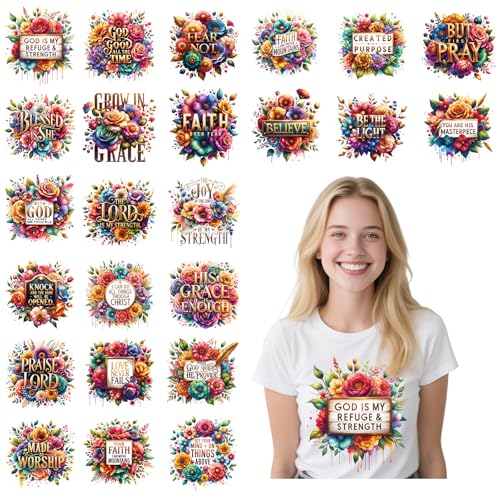 Religiöse DTF Transfers, bereit zum Drücken, 24 Blatt inspirierende Zitate zum Aufbügeln für T-Shirts, motivierende Bibelverse, Blume, Wärmeübertragung, Bügelbilder für Kleidung, Taschen, Kissenbezüge Religiöse DTF Transfers, bereit zum Drücken, 24 Blatt inspirierende Zitate zum Aufbügeln für T-Shirts, motivierende Bibelverse, Blume, Wärmeübertragung, Bügelbilder für Kleidung, Taschen, Kissenbezüge von Joybileefun