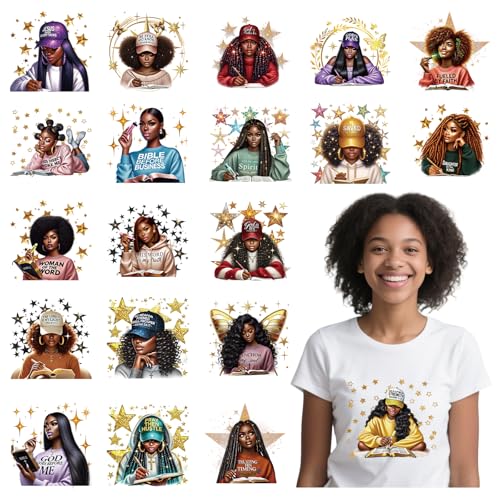 Religiöse DTF Transfers Ready to Press – 20 Blatt schwarze Mädchen Bibelvers Bügelbilder für T-Shirts, Bibel, Journaling, Beten, christliche Wärmeübertragung, Bügelbilder für Kleidung, Taschen von Joybileefun