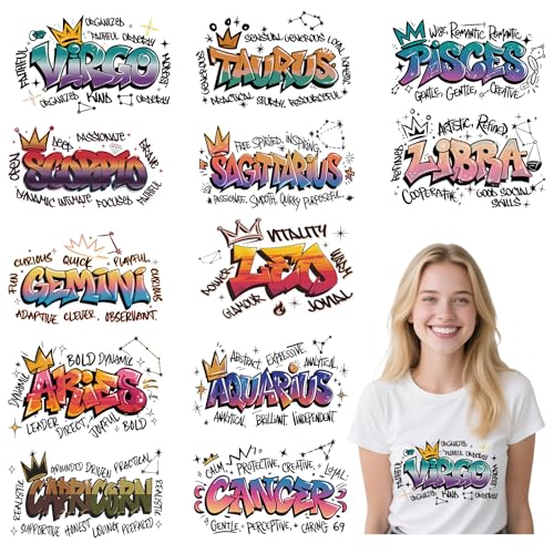 Sternzeichen DTF Transfers Ready to Press – 12 Blatt Sternzeichen, Bügelbilder für T-Shirts, astrologische Zeichen, Wärmeübertragung, Bügelbilder für Kleidung, Tasche, Kissenbezug, DIY Sternzeichen DTF Transfers Ready to Press – 12 Blatt Sternzeichen, Bügelbilder für T-Shirts, astrologische Zeichen, Wärmeübertragung, Bügelbilder für Kleidung, Tasche, Kissenbezug, DIY von Joybileefun