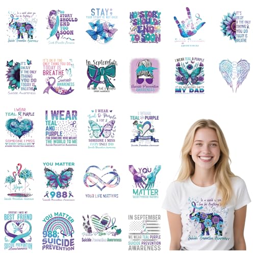 Suicide Prevention Awareness Iron on Transfers - 24 Sheets Suicide Awareness DTF Transfers Ready to Press Mental Health Heat Transfer Iron on Patches for T Shirts Clothes Bag Pillow Covers DIY von Joybileefun