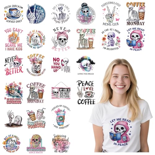 Totenkopf-DTF-Transfers zum Drücken – Joybileefun 26 Blatt lustige Skelett-Bügelbilder für T-Shirts, Halloween, sarkastischer Totenkopf, Wärmeübertragung, Bügelbilder für Kleidung, Tasche von Joybileefun