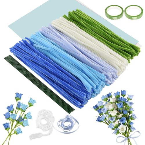 Joyblossom 300 Stück Pfeifenputzer Zum Basteln, 5 Farben Pfeifenreiniger Blumen Set, Pfeifenreiniger Zum Basteln, mit Geschenkband, Blumendraht, für DIY Dekoration und Geschenke, Blau von Joyblossom