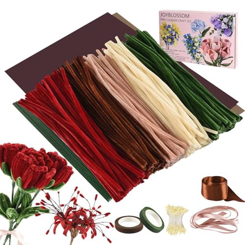 Joyblossom 300 Stück Pfeifenreiniger Blumen Set, Pfeifenputzer zum Basteln, Pfeifenreiniger zum Basteln, mit Blumen Staubblatt, Geschenkband, für Kreative DIY Craft Projekte, Braun von Joyblossom