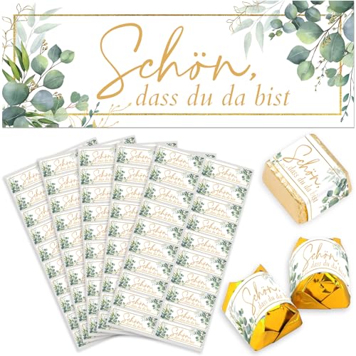 Joycabin 100 Stück Gastgeschenke Hochzeit Aufkleber, Schön, dass du da bist Gastgeschenkaufkleber Eukalyptus, Pralinenaufkleber, Hochzeit Gastgeschenke Sticker, Rechteckig 5 x 1,8cm von Joycabin