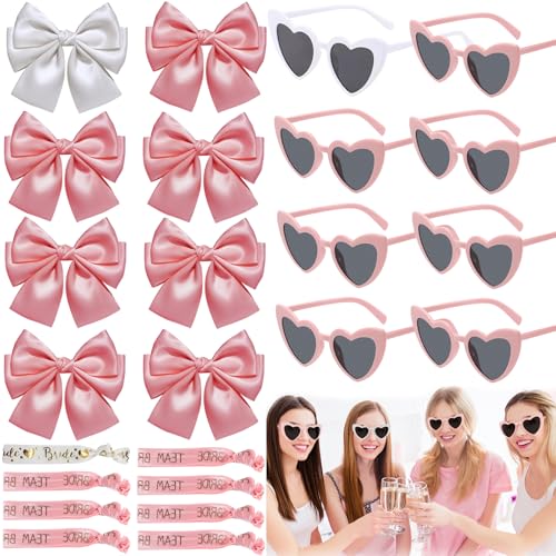 Joycabin 24 Stück JGA Accessoires Frauen, 8 jga Herzförmige Brille + 8 Team Braut Haarschleife + 8 Braut Armband, jga Partybrillen JGA Deko Accessoires für Hochzeit Junggesellenabschied (Rosa) von Joycabin