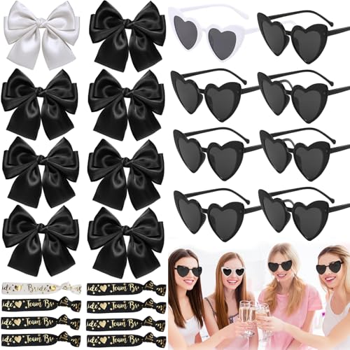 Joycabin 24 Stück JGA Accessoires Frauen, 8 jga Herzförmige Brille + 8 Team Braut Haarschleife + 8 Braut Armband, jga Partybrillen JGA Deko Accessoires für Hochzeit Junggesellenabschied (Schwarz) von Joycabin