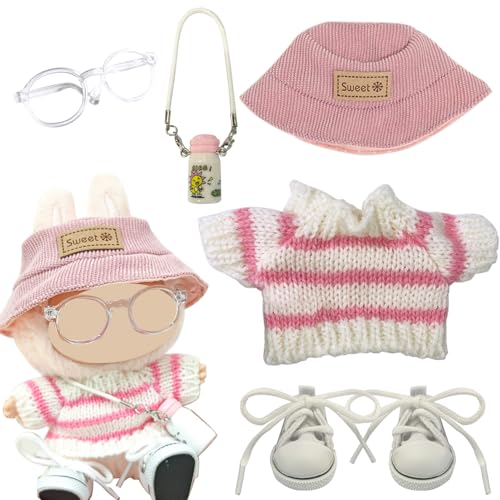 Joycabin Stylische Puppenkleidung für 17cm/15cm Plüschpuppe, Gestreifter Pullover, Mütze, Brille, Segeltuchschuhe Miniatur Zubehör Set (Puppe Nicht enthalten) Puppenzubehör Geschenke von Joycabin