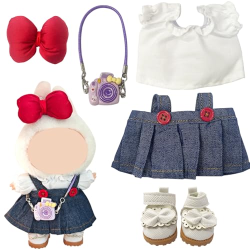 Joycabin Stylische Puppenkleidung für 17cm/15cm Puppe, Jeans-Overall, Schleifenkopfschmuck, Brille, weiße Prinzessinnenschuhe Miniatur Zubehör Set (Puppe Nicht enthalten) Puppenzubehör Geschenke von Joycabin