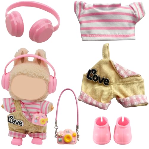 Joycabin Stylische Puppenkleidung für 17cm Plüschpuppe,T-Shirt ,Overall,Kopfhörer,Kamera,Rosa Schuhe,Miniatur Kleidung Zubehör Set, Puppenkleidung,Puppenzubehör Geschenke (Puppe Nicht Enthalten) von Joycabin