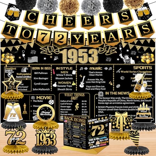 Dekorationen zum 72. Geburtstag für Damen und Herren, 18 Stück, schwarz-goldfarben, Banner, Dekorationen, Geburtstags-Hintergrund, 72 Jahre Oid-Banner für Oma, Opa, Geburtstagskarte, 6 Papier-Poms, 9 Dekorationen zum 72. Geburtstag für Damen und Herren, 18 Stück, schwarz-goldfarben, Banner, Dekorationen, Geburtstags-Hintergrund, 72 Jahre Oid-Banner für Oma, Opa, Geburtstagskarte, 6 Papier-Poms, 9 von Joycard