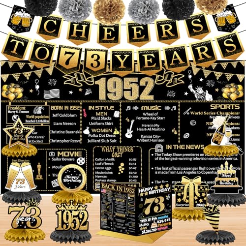 Dekorationen zum 73. Geburtstag für Damen und Herren, 18 Stück, schwarz-goldfarben, Banner, Dekorationen, Geburtstags-Hintergrund, 73 Jahre Oid-Banner für Oma, Opa, Geburtstagskarte, 6 Papier-Poms, 9 Dekorationen zum 73. Geburtstag für Damen und Herren, 18 Stück, schwarz-goldfarben, Banner, Dekorationen, Geburtstags-Hintergrund, 73 Jahre Oid-Banner für Oma, Opa, Geburtstagskarte, 6 Papier-Poms, 9 von Joycard
