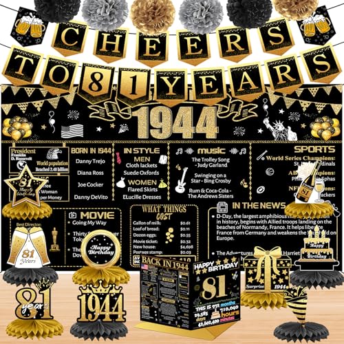 Dekorationen zum 81. Geburtstag für Damen und Herren, 18 Stück, schwarz-goldfarben, Banner, Dekorationen, Geburtstags-Hintergrund, 81 Jahre Oid-Banner für Oma, Opa, Geburtstagskarte, 6 Papier-Poms, 9 Dekorationen zum 81. Geburtstag für Damen und Herren, 18 Stück, schwarz-goldfarben, Banner, Dekorationen, Geburtstags-Hintergrund, 81 Jahre Oid-Banner für Oma, Opa, Geburtstagskarte, 6 Papier-Poms, 9 von Joycard