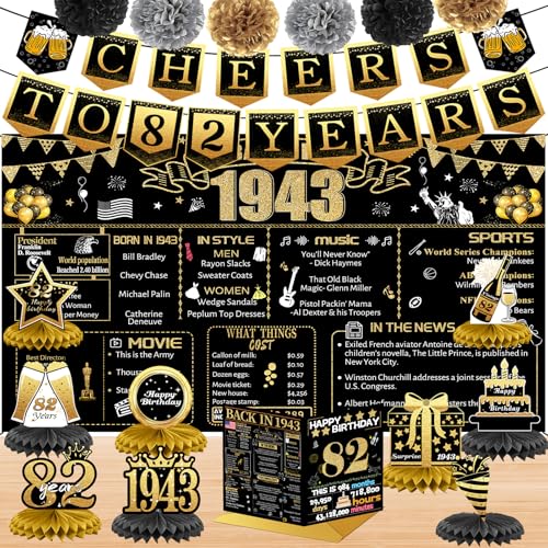 Dekorationen zum 82. Geburtstag für Damen und Herren, 18 Stück, schwarz-goldfarben, Banner, Dekorationen, Geburtstags-Hintergrund, 82 Jahre Oid-Banner für Oma, Opa, Geburtstagskarte, 6 Papier-Poms, 9 Dekorationen zum 82. Geburtstag für Damen und Herren, 18 Stück, schwarz-goldfarben, Banner, Dekorationen, Geburtstags-Hintergrund, 82 Jahre Oid-Banner für Oma, Opa, Geburtstagskarte, 6 Papier-Poms, 9 von Joycard