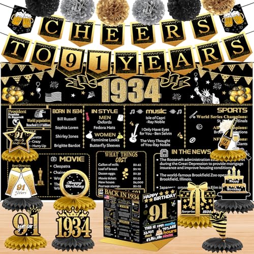 Dekorationen zum 91. Geburtstag für Damen und Herren, 18 Stück, schwarz-goldfarben, Banner, Dekorationen, Geburtstags-Hintergrund, 91 Jahre Oid-Banner für Oma, Opa, Geburtstagskarte, 6 Papier-Poms, 9 Dekorationen zum 91. Geburtstag für Damen und Herren, 18 Stück, schwarz-goldfarben, Banner, Dekorationen, Geburtstags-Hintergrund, 91 Jahre Oid-Banner für Oma, Opa, Geburtstagskarte, 6 Papier-Poms, 9 von Joycard