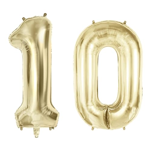 Luftballons Zahl 10 für 10 Geburtstag Party Dekorationen, 101,6 cm Champagner Goldfolie Helium Ballons, 40 Zoll 0-100 Jubiläumsbedarf für Mädchen Jungen und Tochter Sohn von Joycard
