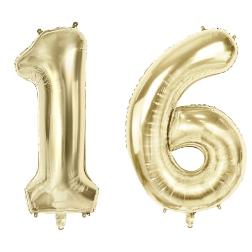 Luftballons Zahl 16 für 16 Geburtstag Party Dekorationen, 101,6 cm Champagner Goldfolie Helium Ballons, 40 Zoll 0-100 Jubiläumsbedarf für Mädchen Jungen und Tochter Sohn von Joycard