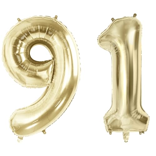 Luftballons Zahl 91 für 91 Geburtstag Party Dekorationen, 101,6 cm Champagner Goldfolie Helium Ballons, 40 Zoll 0-100 Jahrestag Supplies für Frauen Männer und Opa Oma von Joycard