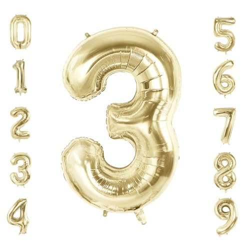 Luftballons mit Zahl 3 für 3. Geburtstag Party Dekorationen, 101,6 cm Champagner Goldfolie Helium Ballons, 40 Zoll 0-100 Jubiläumsbedarf für Mädchen Jungen und Tochter Sohn von Joycard