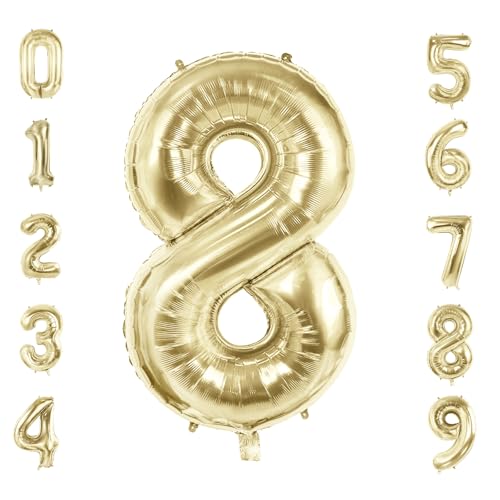 Luftballons mit Zahl 8 für 8 Geburtstag Party Dekorationen, 101,6 cm Champagner Goldfolie Helium Ballons, 40 Zoll 0-100 Jubiläumsbedarf für Mädchen Jungen und Tochter Sohn von Joycard