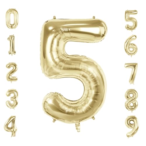 Luftballons mit der Zahl 5 für 5 Geburtstag Party Dekorationen, 101,6 cm Champagner Goldfolie Helium Ballons, 40 Zoll 0-100 Jubiläumsbedarf für Mädchen Jungen und Tochter Sohn Luftballons mit der Zahl 5 für 5 Geburtstag Party Dekorationen, 101,6 cm Champagner Goldfolie Helium Ballons, 40 Zoll 0-100 Jubiläumsbedarf für Mädchen Jungen und Tochter Sohn von Joycard