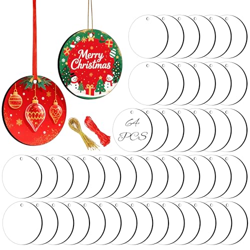 Joyclub 64 Stück 7,6 cm Sublimations-Ornamente, Rohlinge, MDF, Sublimation, Weihnachtsschmuck, Großpackung, rund, doppelseitig, Ornamente für personalisierten Weihnachtsbaum, Heimdekoration von Joyclub