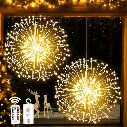 Joycome Leuchtkugel Weihnachten 2 Stück 198 LED Weihnachtsbeleuchtung Außen Batterie mit Fernbedienung, 8 Modi Feuerwerk Lichterkette Wasserdicht Hängende Weihnachtsdeko Fenster für Innen Deko von Joycome